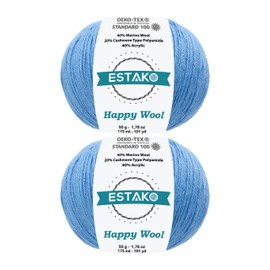 Estako Happy Wool (2 Skeins pack) 40% Merino Wool 20% Cashmere Type Polyamide 40% Acyrlic Fingering weight soft Knitting and Crochet Yarn (2 x 1.76 oz) (2 x 191 yds) (8013 - CornFlower Blue)