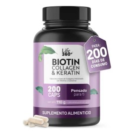 Biotina y Queratina Life 360+ Colageno Hidrolizado 200 cápsulas