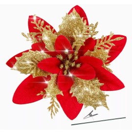 Labeol 15PCS Glitter Poinsettia Christmas Flowers Decorations with Clips and