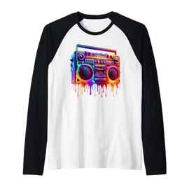 Dripping Paint Boombox Old School 80s Music Hip Hop Raglan Baseball Tee