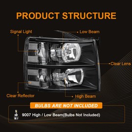DimFlux DimFlux Headlight Assembly, Headlights Kit Compatible with 2007-2013 Chevy Silverado 1500/2007-2014 Silverado 2500HD 3500 Replacement Headlamp Black Housing Clear Reflector