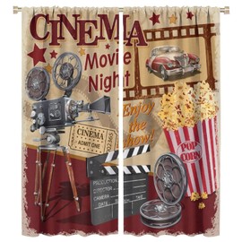 SHElifestyle Movie Theater Curtains, Retro Home Cinema Window Treatments for Living Room Video Film Reel Popcorn Window Drapes for Bedroom 42x45in