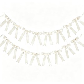 2Strings 16Pcs Ivory White Bow Garland Banner Pre-Strung Satin Ribbon Decor