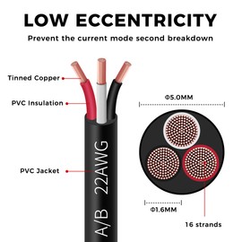 SPTDACSFP 22 Gauge Wire 3 Conductor Electrical Wire, UL2464 22 AWG Wire Stranded PVC Cord, 25FT Tinned Copper Wire Oxygen-Free Low Voltage LED Cable for LED Lamps Automotive