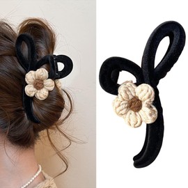Black Bow Hair Claw Clips Flower Hair Claw Clips for Women Velvet French Hair Bow Claws Large Hair Clips for Thick Fluffy Hair Clip Cute Floral Hair Jaw Clips Non-Slip Spring Hair Accessories 1Pcs