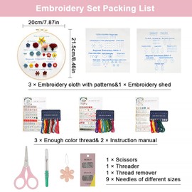 3 Pieces Cross Stitch Kits with 3 Embroidery Floral Patterns, 1 Embroidery Hoop, Beginner Embroidery Set, with Pattern and Instructions, Various Stitches Embroidery Set for DIY Art, Crafts, Sewing