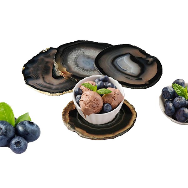 Set of 4 Black Dyed Brazilian Agate Coasters with Rubber