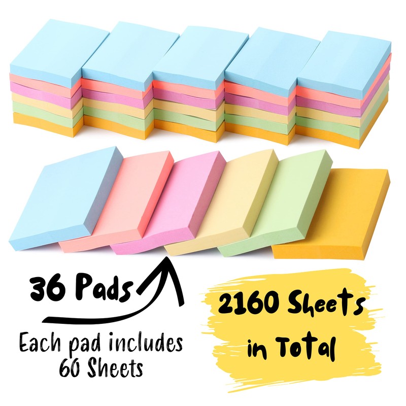 Mr. Pen Sticky Notes - 1.5'x2', 2160 Sheets, Pastel, Small,