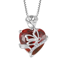 FJ January Birthstone Necklace for Women 925 Sterling Silver Garnet Necklace Butterfly Pendant Rose Flower Necklace Jewellery Gifts for Women Mom Wife Girls Her