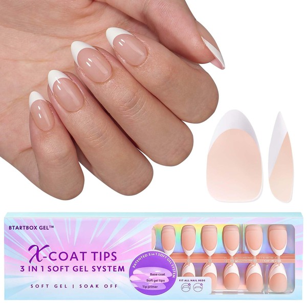 BTArtbox French Press On Nails, Short Almond Nail Tips, Soft Gel Nail Tips, French XCOATTIPS with Pre-Applied Tip Primer & Base Coat Cover, No Need to File Fake Nails, Beige