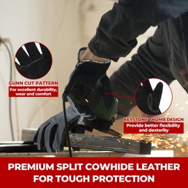 HANDLANDY Leather Work Gloves for Men and Women, Utility Tough Cowhide Glove for Gardening, Wood Cutting, Welding, Construction, Chainsaw, Truck Driving, Yard Working etc. - Black Grey, Large