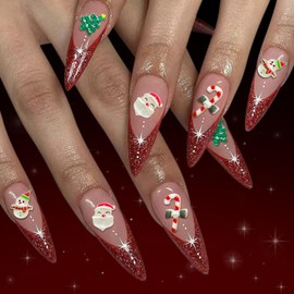 Christmas Press on Nails Red Glitter French Tip Fake Nails Medium Stiletto False Nails with Design Santa Claus,Xmas Tree,Candy Cane,Snowman Glue on Nail Full Cover Winter Nail for Women Manicure 24Pcs
