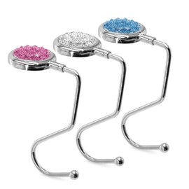 TANOSII Purse Hook Mental Clutch Holder Handbag Rhinestone Hanger for Table Desk Reverse 3 Packs White Pink Blue
