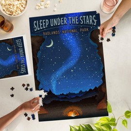 Lantern Press 1000 Piece Jigsaw Puzzle, Badlands National Park, South Dakota, Sleep Under The Stars, Tent and Night Sky