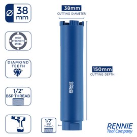 38mm x 150mm Long Diamond Core Drill Bit. To Be Used In Concrete Masonry Brick Block Stone Granite. Diamond Drill Bit Core Drill. 1/2" BSP Thread. For Wet Or Dry Drilling