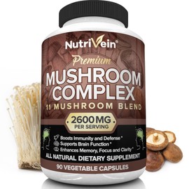 Nutrivein Mushroom Supplement - 2600mg - 90 Capsules - 11 Organic Mushrooms - Lions Mane, Cordyceps, Chaga, Reishi, Turkey Tail, Maitake, Shiitake, Agaricus, White Button, Oyster - Nootropic Complex