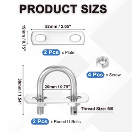 PATIKIL Round U-Bolts, 2 Pcs 0.79"(20mm) Inner Width 39mm Length M6 with Nut Plate Washer 304 Stainless Steel Round Bend U-Bolts for Boat Trailer Axle Sailboat