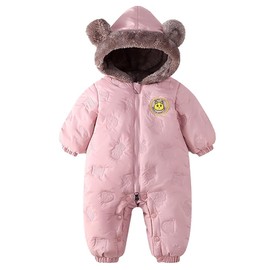JiAmy Baby Snowsuit Hooded Romper Winter Outfits Boys Girls Cartoon Bear Fleece Jumpsuit Pink 12-18 Months