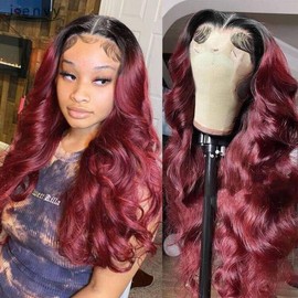 200 Density 13x6 Burgundy Lace Front Wigs Human Hair Pre Plucked 13x6 HD Transparent 1B/99J Lace Front Wigs Human Hair dark cherry Red Wig Human Hair for Women Glueless Wig 28Inch