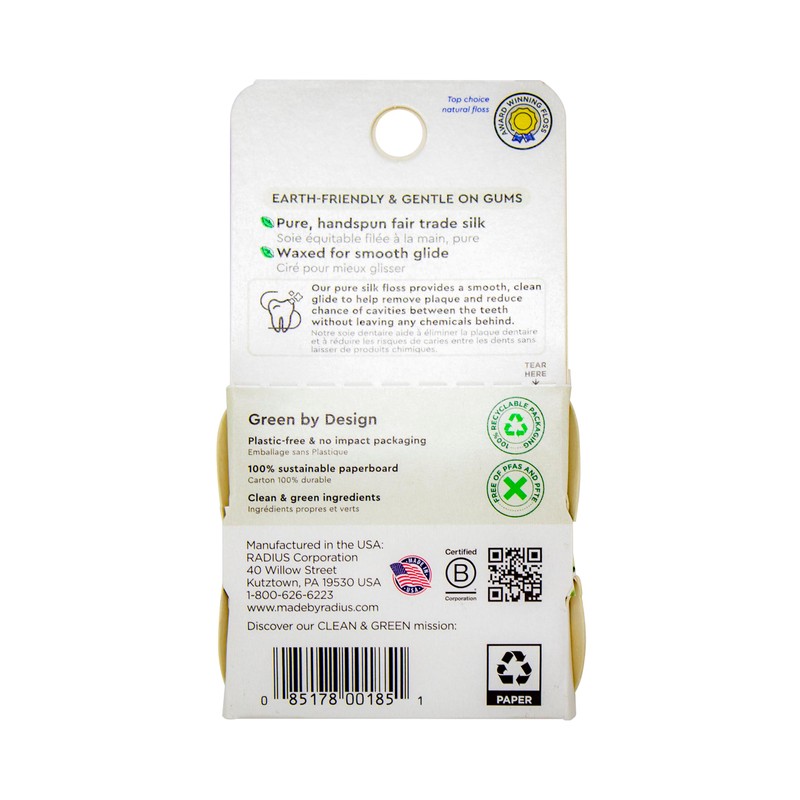 RADIUS Dental Floss, Natural Floss, Unscented Silk, 33 Yards, Compostable