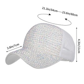 Women Men Studded Rhinestone Baseball Cap Adjustable Bling Ponytail Mesh Sun Hat Casual Sports White