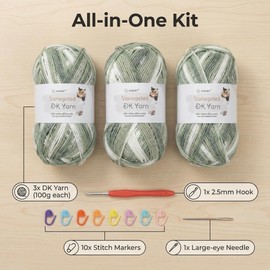 Crochet Yarn 3×100g Satin-Dyed 4-Ply 60% Cotton 40% Acrylic Combed Cotton Yarn for Beginners with 2.5mm Hook & Accessories, DK Wool for Amigurumi Baby Hats Scarves