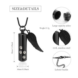 Cylinder Urn Necklace for Ashes Paw Print Cremation Jewelry Stainless Steel Memorial Necklace/Keychain with Angel Wing Ash Holder for Human Cat Dog Kepsake Jewelry with Fill Tool
