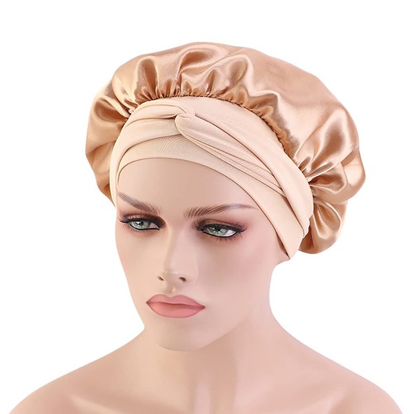 SuperiMan Wide Band Satin Bonnet Cap,Bonnets for Women,Silky Bonnet for Curly Hair,Women Hair Wrap for Sleeping (Khaki), L