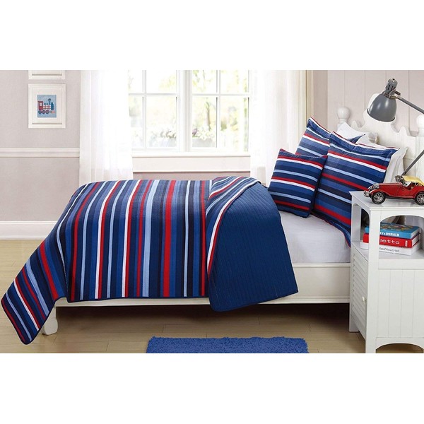 Elegant Home Decor Multicolor Light & Dark Blue Red White Striped Design Fun Colorful Quilt Bedspread Bedding Set with Decorative Pillow for Kids/Boys # Ocean (Twin)