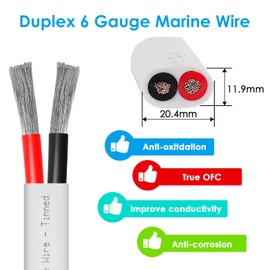 Kimbluth 6 Gauge Duplex Marine Wire Tinned Copper Boat Cable, 30ft 6 AWG Standard USA OFC Oxygen Free Copper Wire for Automotive Boat Speakers Solar Outdoors