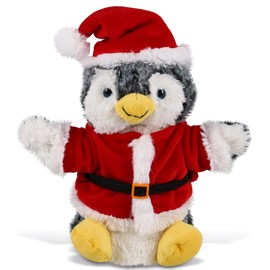 DolliBu Santa Penguin Stuffed Animal Plush Hand Puppet - Super Soft Wild Animal Dress Up with Red Santa Claus Outfit, Perfect Holiday with Name Personalization - 8.5 Inches