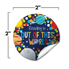 Reading is Out of This World Space Themed Reading Encouragement Sticker Labels, 40 2" Party Circle Stickers by AmandaCreation, Great for Teachers, Librarians & Students for Reading Rewards & Prizes