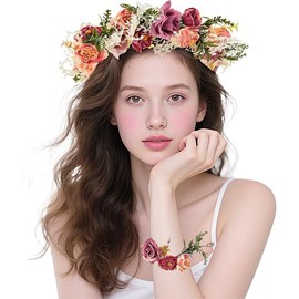 Flower Wreath Hair, Flower Wreath Flower Crown Headband with Bracelet Set, Hair Garland, Hair Bands, Floral Garland, Flower Headband Adjustable for Women, Wedding, Ceremony, Festival, Party, Beach