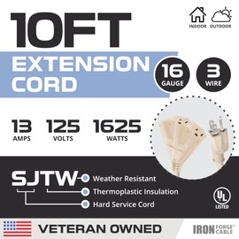 Iron Forge Cable Beige Outdoor Extension Cord 10 ft - 3 Outlet 16 Gauge 13 Amp Heavy Duty Power Extension Cords - SJTW - Great for Indoor & Outdoor Lights Decoration, Landscaping & Deck