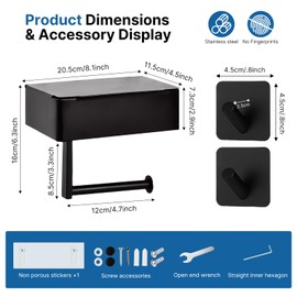 Focenat Toilettenpapierhalter Ohne Bohren – Klopapierhalter mit Feuchttücherbox & Ablage – Selbstklebender Edelstahl Rollenhalter für Bad und WC – Schwarz Matt