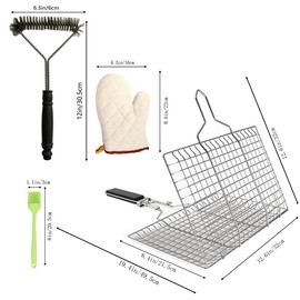 Kowiofame Fish Grill Basket BBQ Grilling Rack Kabob Veggies Shrimp Stainless Steel Cage Holder with Cleaning and Oil Brushes Oven Gloves
