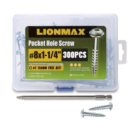 LIONMAX Pocket Hole Screws 1-1/4 Inch, 300PCS #8 x 1-1/4" Pocket Screw with Square Drive, Coarse Threads, for Indoor Wood Project, Zinc Plated, 150MM Drive Bit Included