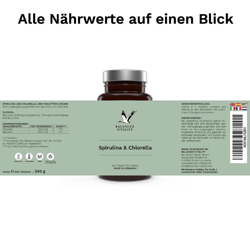 Spirulina and Chlorella 1600 mg - 600 Vegan Pellets for