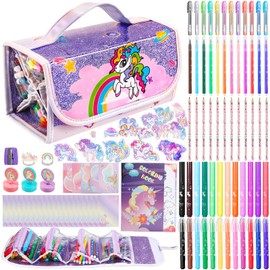 Nicpro 115PCS Unicorn Fruit Scented Washable Markers Set with Pencil Case Coloring Book Stickers Stamps, Arts Crafts Supplies Coloring Set for Kids - Unicorn Birthday Gifts for Girls 4 5 6 7 8 9 Years