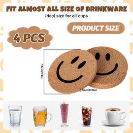 Whaline 4Pcs Smile Face Cork Coasters Cute Smile Round Coasters Farmhouse Heat-Resistant Cup Mats for Wooden Table Protection One Happy Dude Birthday Party Supplies
