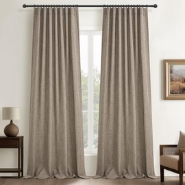 Dark Flax Tan Linen Pleated Curtains 96 Inches Long, Rustic Country Style Burlap Light Filtering Sheer Curtains Privacy for Bedroom Ceiling Track 2 Panels Window Drapes Beige Tan(104 Inch Wide Total)