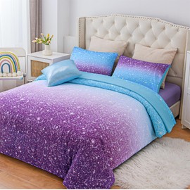 A Nice Night Girls Comforter Set Twin Size 6 Piece Bed in A Bag 3D Colorful Sparkle Galaxy Rainbow Bedding Comforter Sheet Sets for Kids,BluePurple