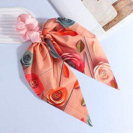 Girlssory Hair Scarf Hair Scrunchies with Ribbon Chiffon Floral Hair Scarves Boho Elastic Floral Bow Ponytail Vintage Accessories for Women (Orange Red)