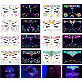 Neon Face Tattoos Glow in The Dark Temporary Tattoos,UV Blacklight Tattoos Stickers Body Face Flowers Butterfly Tattoo for Glow Party Makeup Supplies Favors