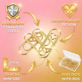 200 Pcs Cute Rose Gold Heart Shaped Paper Clips, Mini Stainless Steel Decorative Paperclips for Office School Home Desk Organizers, Wedding Invitation Accessories