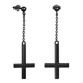Mens Inverted Black Cross Earrings Black Gun Plated Upside Down Cross Earrings Stud Women 925 Sterling Silver Upside Down Cross Stud Earrings St. Peter Dangle Earrings Satanic Jewelry Gift FE0103K