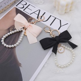 Guqqeuc Bow Ribbon Keyring Wristlet Bracelet Keychain for Women Bow Bag Charm Key Charms for Car Keys Pearl Wristlet Keyring for Women Cute Keyrings for Girls Purse Handbag Bag Charms for Women 2pcs