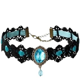 Outletissimo® Women's Gothic Black Lace Necklace with Blue Center Stone Pendant and Elegant Cosplay Pendant ET163 Taglia Unica, Zamak, Zamak, Zamak, Zamak