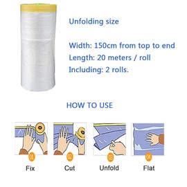 2 Rolls Pre-taped Masking Film Tape Sheets, 40M Painters Masking Tape for Painting, Tape and Drape Plastic Sheeting for Decorating, Dust Proof, for car, Applicance, Carpet Protection, 150cm x 20m