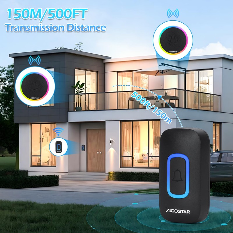 Aigostar Wireless Bell with RGB Light, IP55 Waterproof Outdoor Door